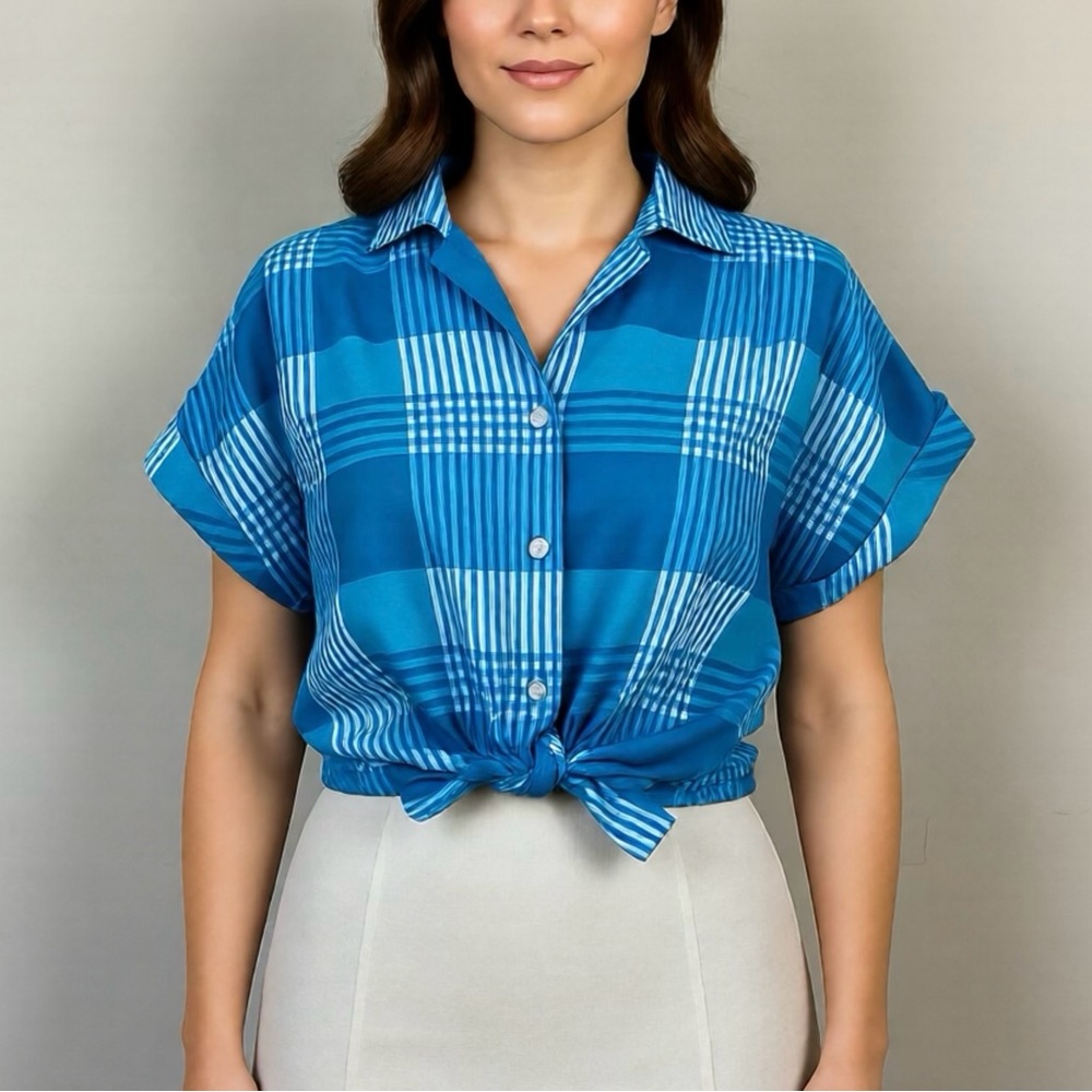 vintage 80s does 50s plaid blue button up blouse dolman sleeve top retro mod